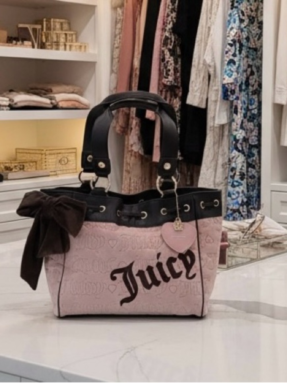 Juicy Couture Pink Tote with Brown Trim and Bow Charm